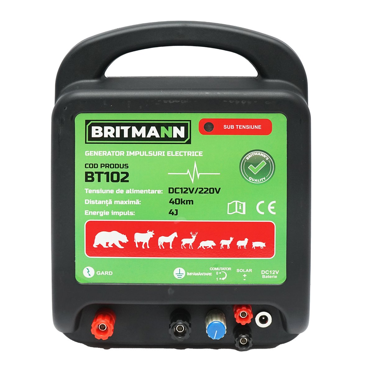 Aparat generator de impulsuri DC 12/220V, 4 Joule 40km pentru gard electric BRITMANN